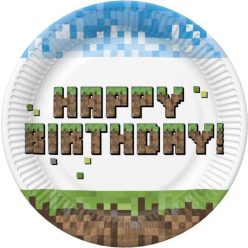 Happy Birthday Pixel Block papírtányér 8 db-os 18 cm